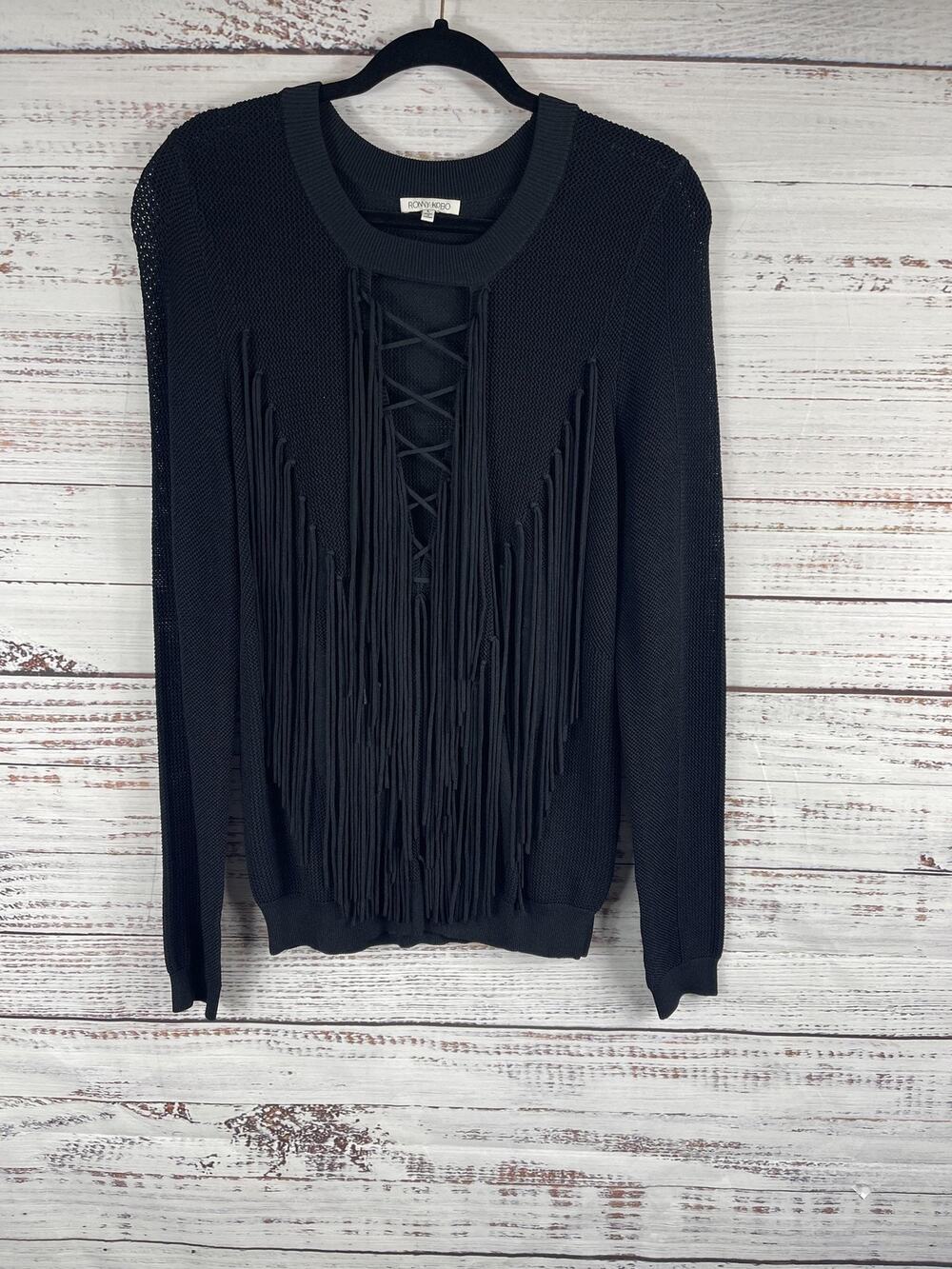 Ronny Kobo Sweater Womens Size L Black Fringe Lace Up Knit Pullover Top Designer